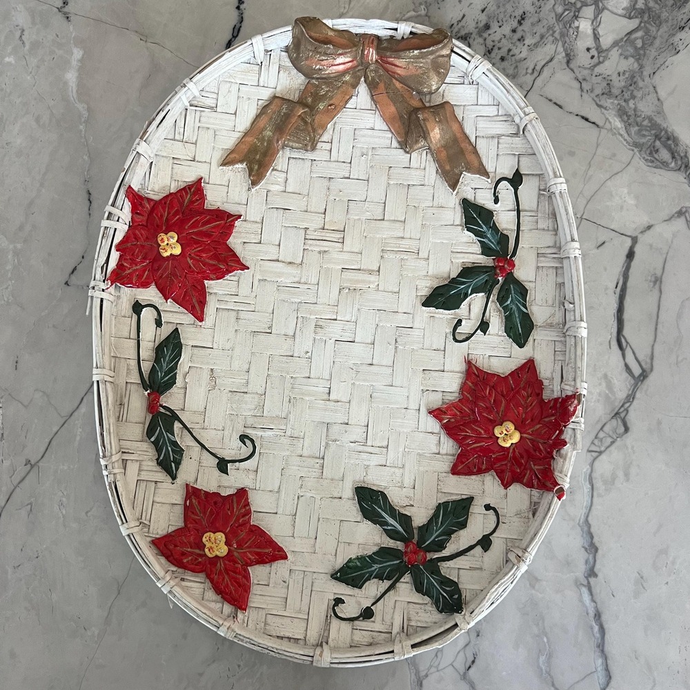 Vintage Wicker Poinsetta Holiday Tray